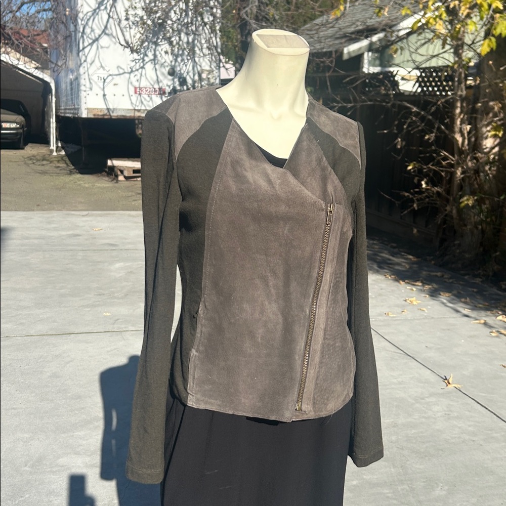 Asymmetric Zip Mixed Knit Leather Moto Jacket in Olive